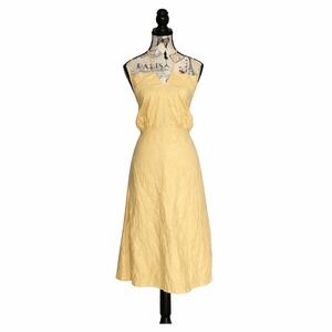 JMP Linen Blend Halter Neck Midi Dress Yellow Textured Elastic Waist XL Summer
